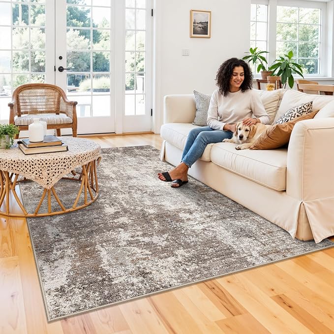 5x7 Washable Living Room Rug – Modern Neutral Abstract Area Rug - Image 3
