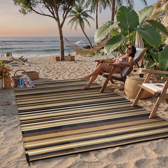 Outdoor Plastic Straw Rug Waterproof Patio 6x9 Brown Black Stripe Mat - Image 4