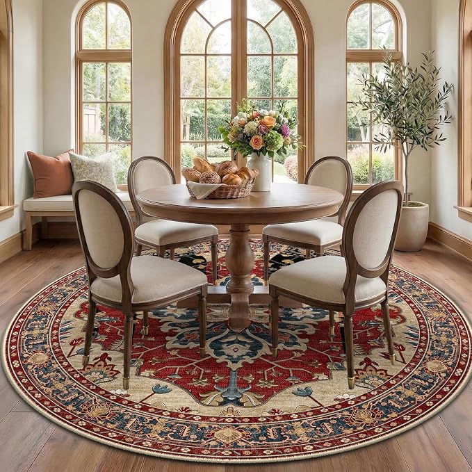 RELEANY Area Rugs Round 7ft Washable Non-Slip, Floral Vintage Distress by RELEANY