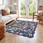 Floral Square Area Rug for Family: Washable 5x5 Scalloped Carpet for Living by HYHAOYUNLAI
