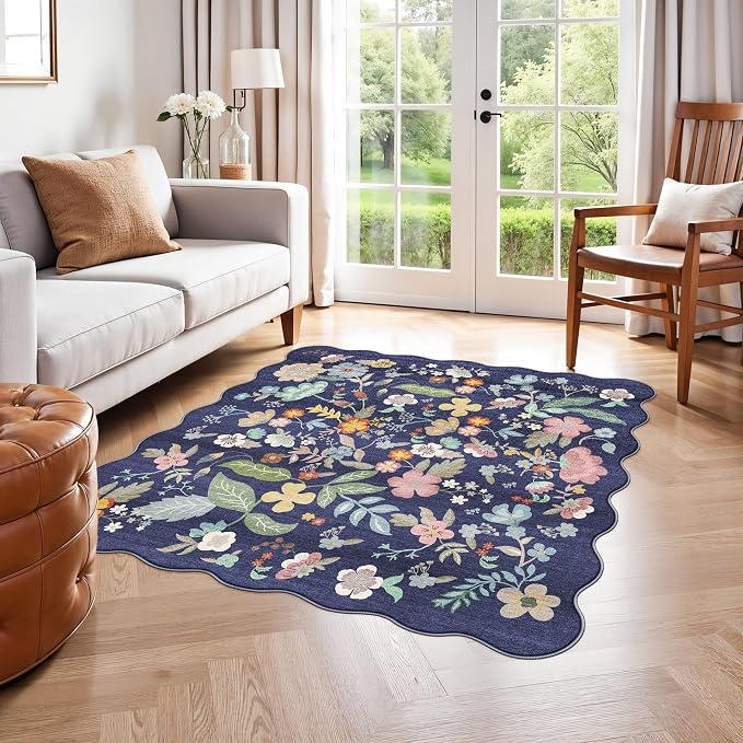 Floral Square Area Rug for Family: Washable 5x5 Scalloped Carpet for Living by HYHAOYUNLAI