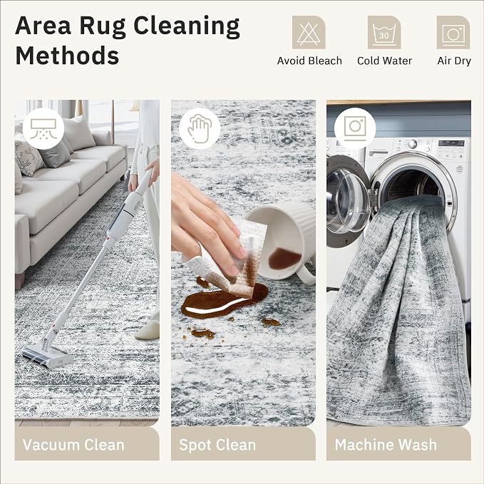 Soalmost Area Rug 10x12 Vintage Washable Living Room Large Gray Carpet Non Slip - Image 7