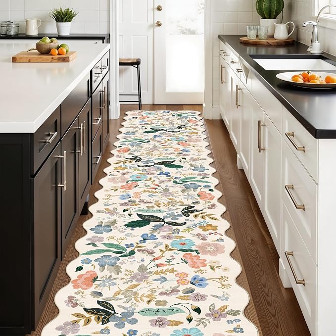 Hallway Floral 2'6x14 Runner Rugs: Washable Scalloped Soft Carpet - Image 3
