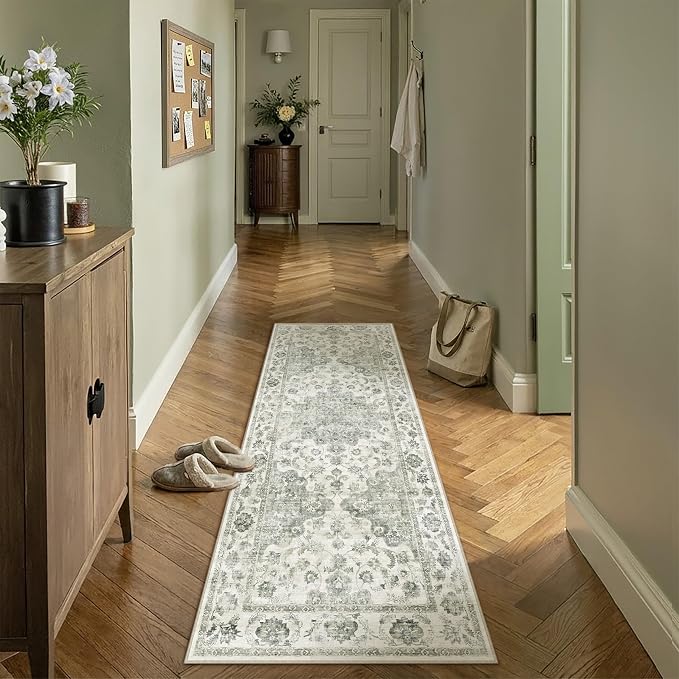 Neutral Kitchen Rug Set of 3 Washable Green Vintage Kitchen Mats - Image 4
