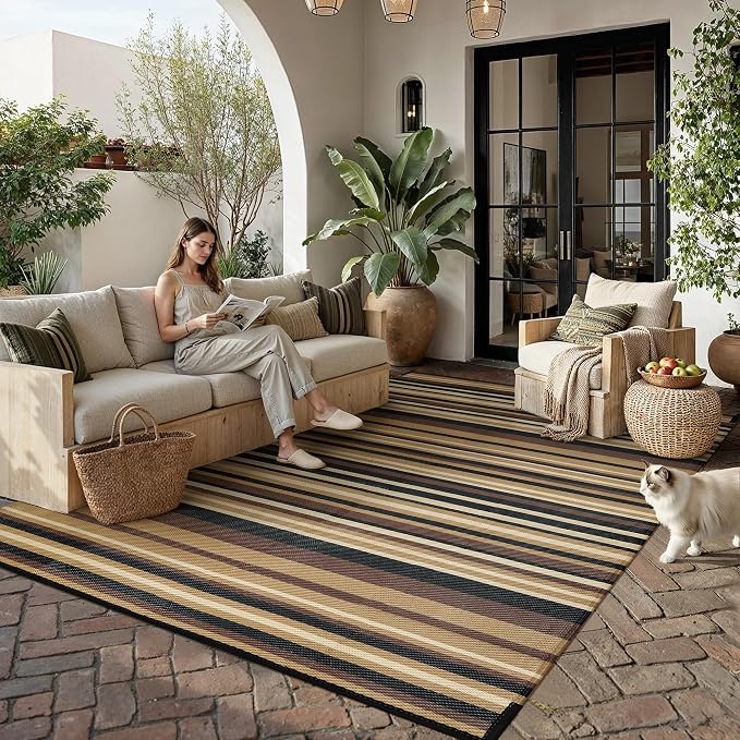 Outdoor Plastic Straw Rug Waterproof Patio 9x12 Brown Black Stripe Mat by WondRg