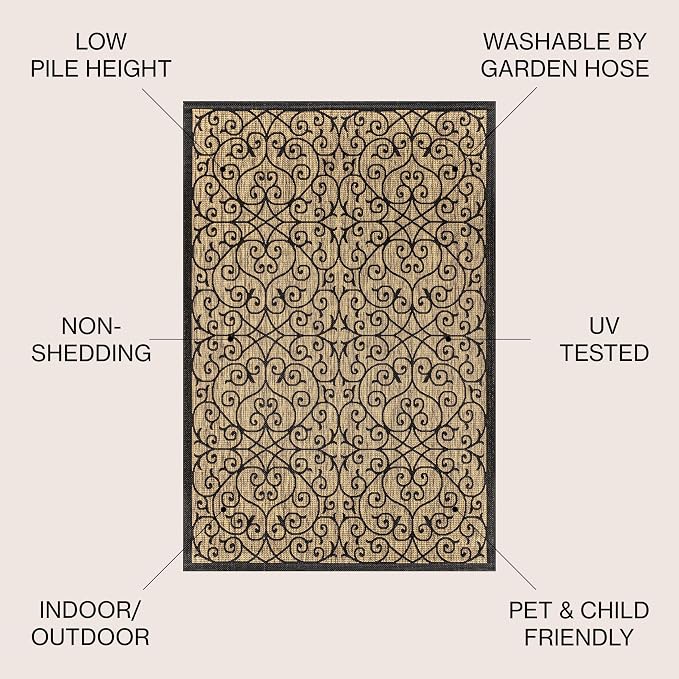 JONATHAN Y Vintage Filigree Indoor Outdoor Round Area Rug 5 Ft Black/Khaki - Image 2