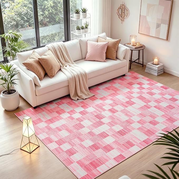 Terrug Pink Checkered Rug for Bedroom, 4x6 Area Rugs Washable - Image 2