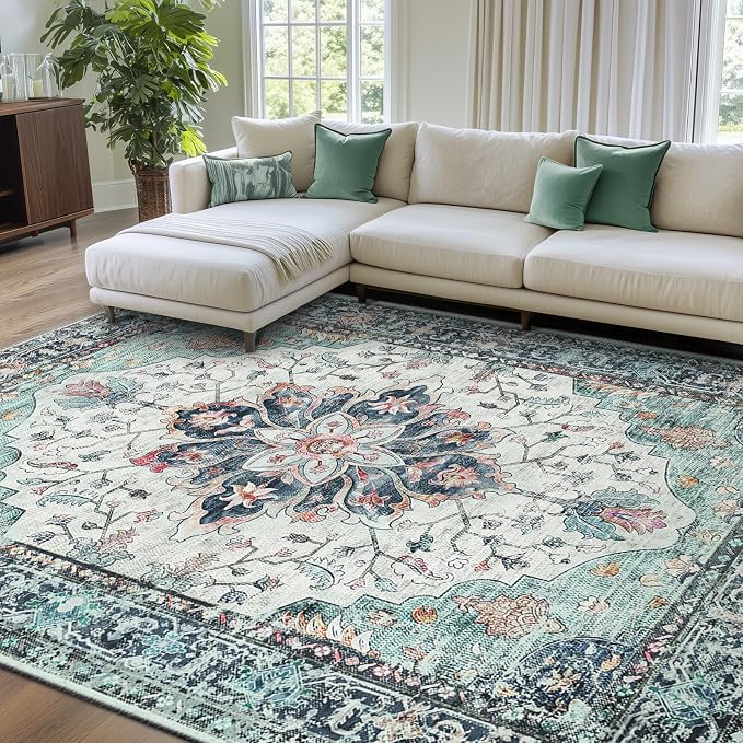 RELEANY Area Rugs 8'x10' Washable Non-Slip, Floral Vintage Distress Medallion by RELEANY