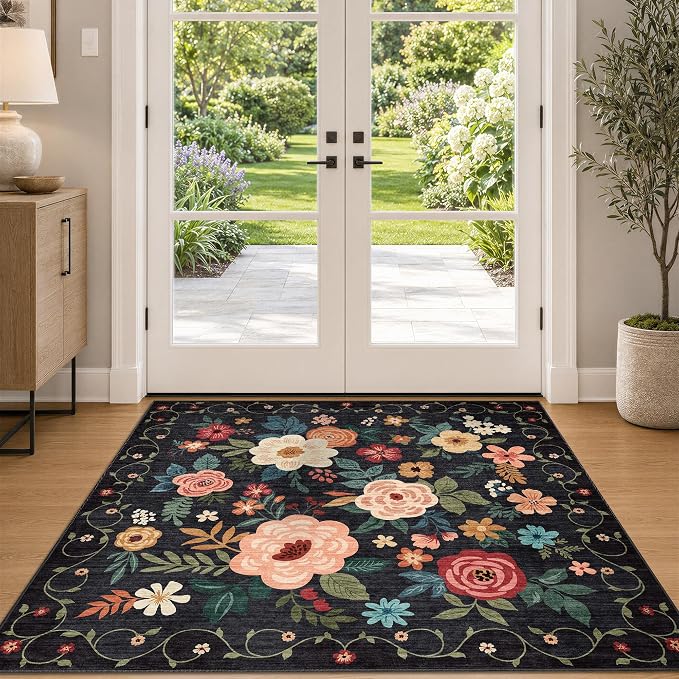 DUKINO 4x4 Square Area Rug, Floral Indoor Floor Washable Entryway Rug - Image 9