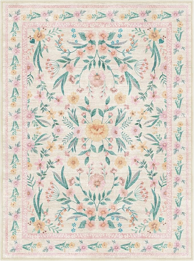 7x9 Pink Boho Floral Area Rug – Washable Non-Slip Soft Carpet - Image 8