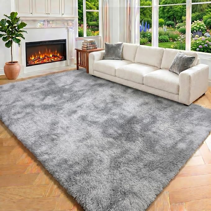 ONASAR 6x9 Area Rugs for Living Room, Large Tie-Dyed Light Grey Fluffy Shag Rug - Image 7