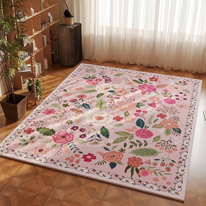 Rugcomf Area Rug 4x6 Rug Washable Boho Rugs Non Slip Low Pile Floral Small - Image 2