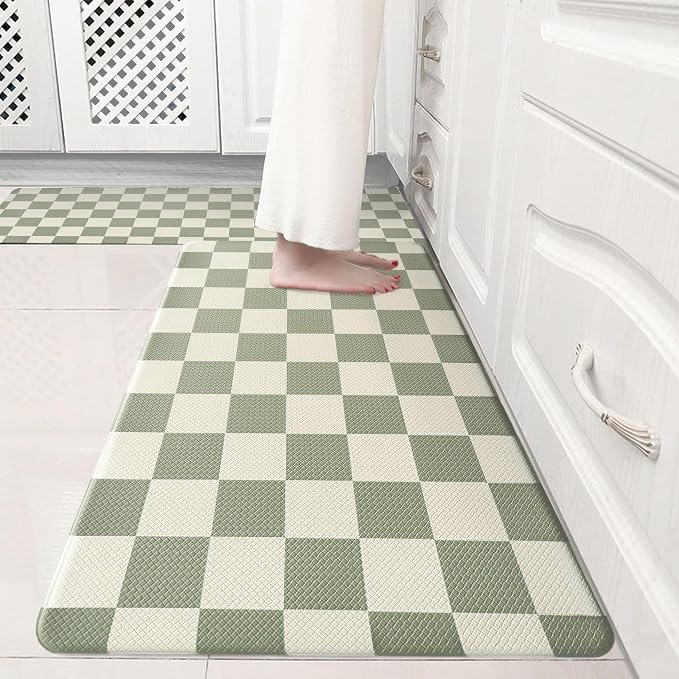 Beige Sage Checkered Grid Checkerboard Kitchen Rug Sets, Anti-Fatigue, by VivaNest