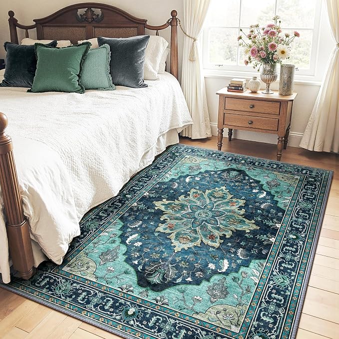 RELEANY Area Rugs 4'x5' Washable Non-Slip, Floral Vintage Distress Medallion by RELEANY