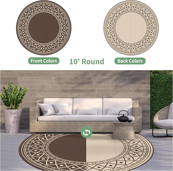 GENIMO Outdoor Rug Waterproof for Patio Decor, Round 10' Foldable Reversible - Image 3