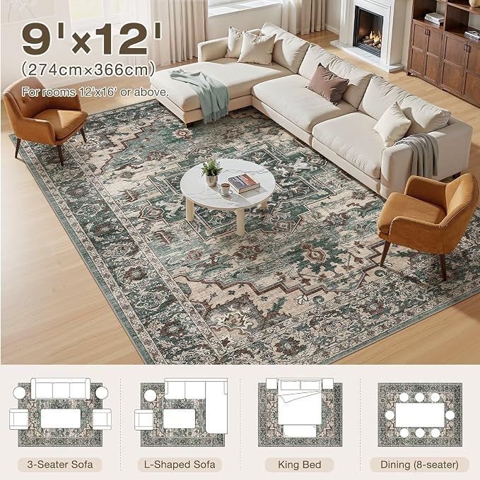 9x12 Area Rugs Living Room: Washable Vintage Rug Large Non-Slip Stain Resistant - Image 4
