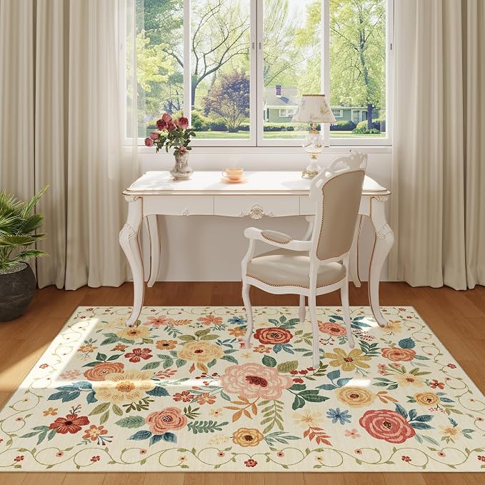 DUKINO 4x6 Area Rug, Lightweight Non Slip Washable Floral Rug, Indoor Low Pile - Image 3