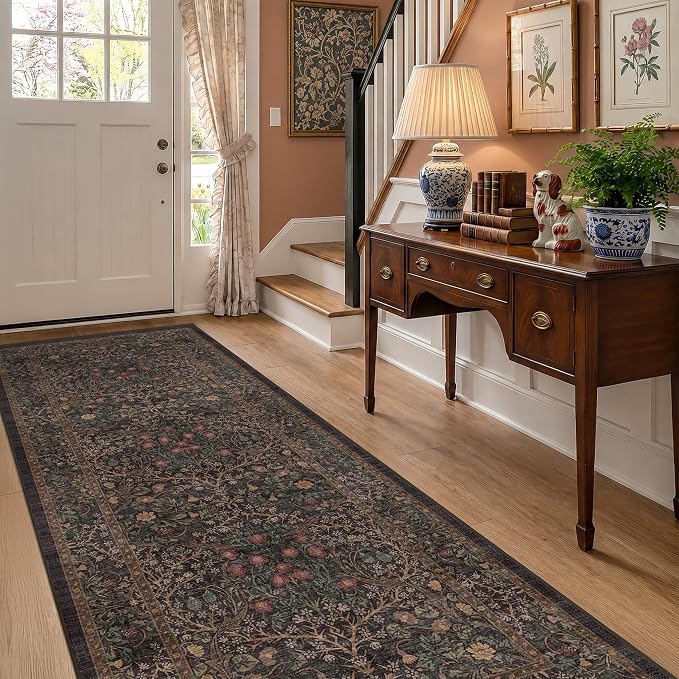 Vintage 8ft Long Runners for Hallways, Washable Dark Brown 3x8 Kitchen Runner by HazoHaus