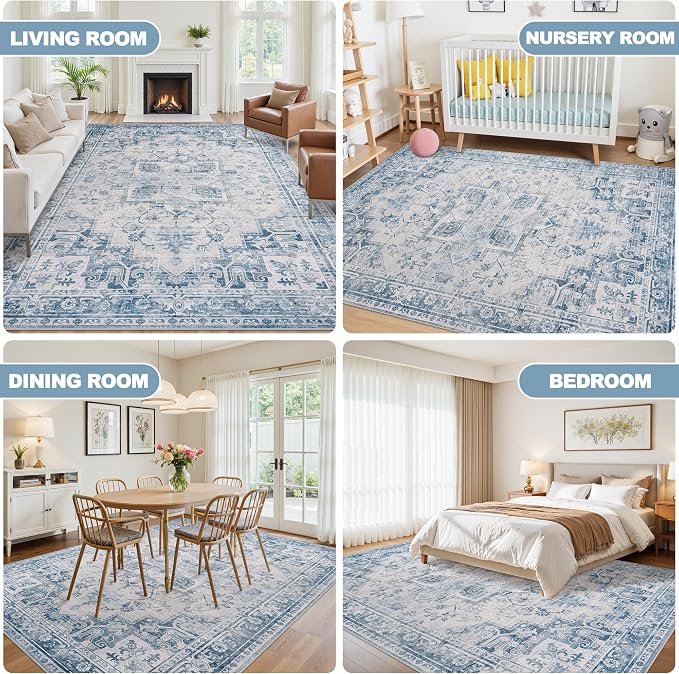 5x7 Area Rugs for Living Room:Blue Washable Vintage Medallion Boho Rug Non-Slip - Image 6