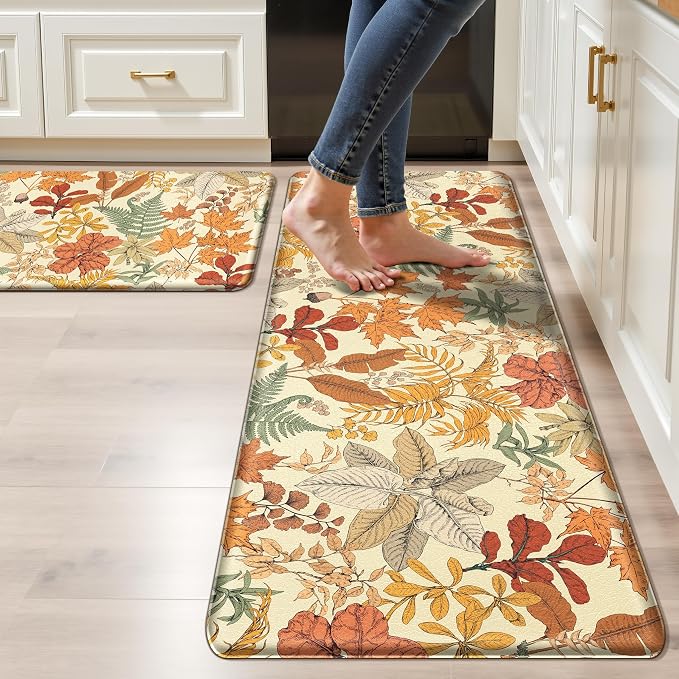 Orange Brown Botanical Kitchen Rugs Set of 2 Fall Maple Anti-Fatigue Kitchen by Keensoft