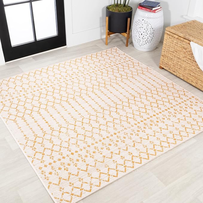 JONATHAN Y Moroccan Geometric Indoor Outdoor Square Area Rug 5X5 Cream/Yellow by JONATHANY