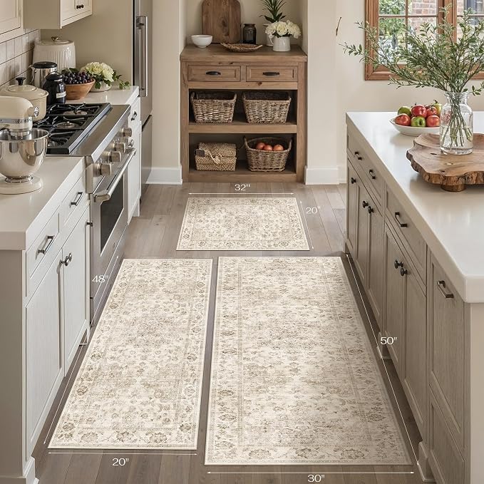 Neutral Kitchen Rug Set of 3 Washable Beige Vintage Kitchen Mats - Image 4