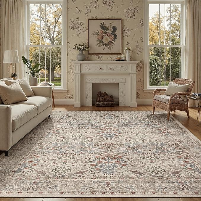 DCX Beige 6x9 Area Rug, Machine Washable Non Slip Stain Resistant Soft Vintage by DCXWashableRug