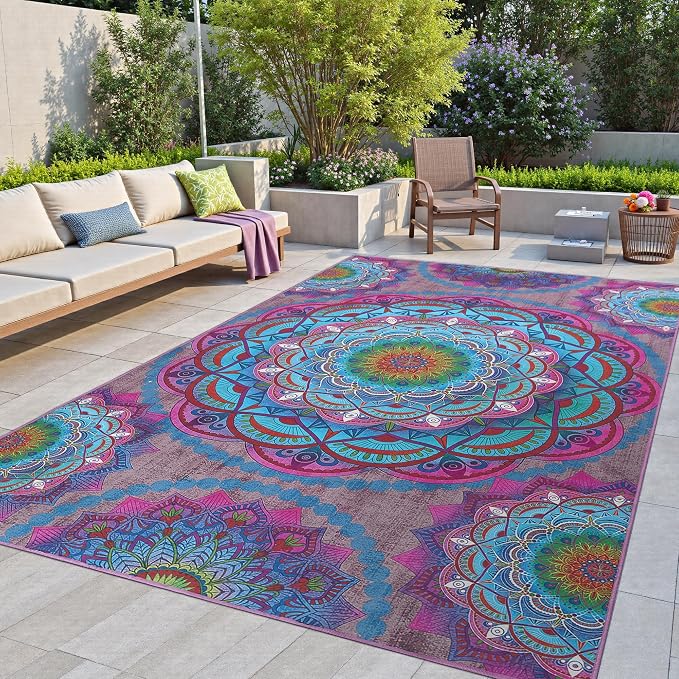 Arenarug Meditation Indoor Outdoor Rug 4x6 ft Mandala Pattern Rug Boho Style by ArenaRug