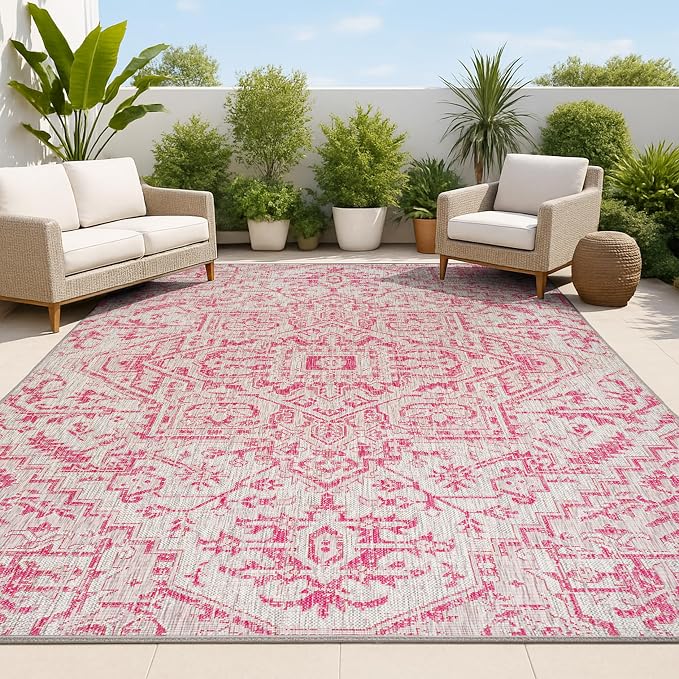 JONATHAN Y Boho Medallion Indoor Outdoor Area Rug 4X6 Light Gray/Fuchsia by JONATHANY