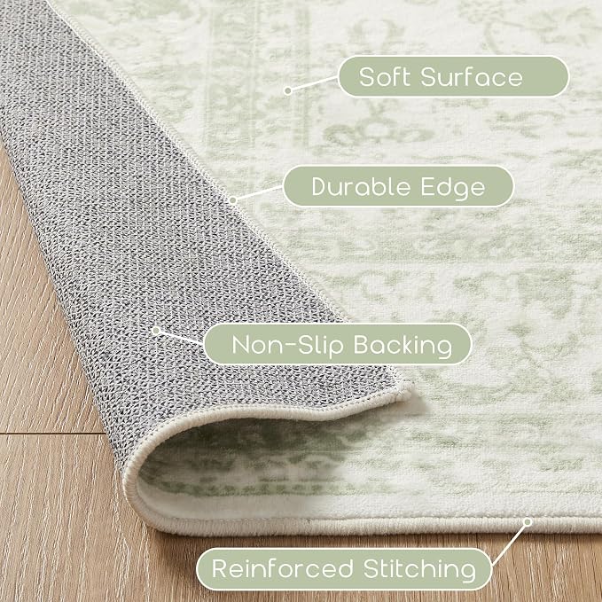 Sage Green Area Rug for Bedroom Neutral Boho Farmhouse Floral Distressed Design - Image 3