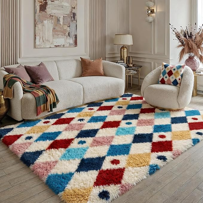 PureCozy Checkered Rug 4x6 Fluffy Shag Living Room Colorful Area Rug Modern by PureCozy