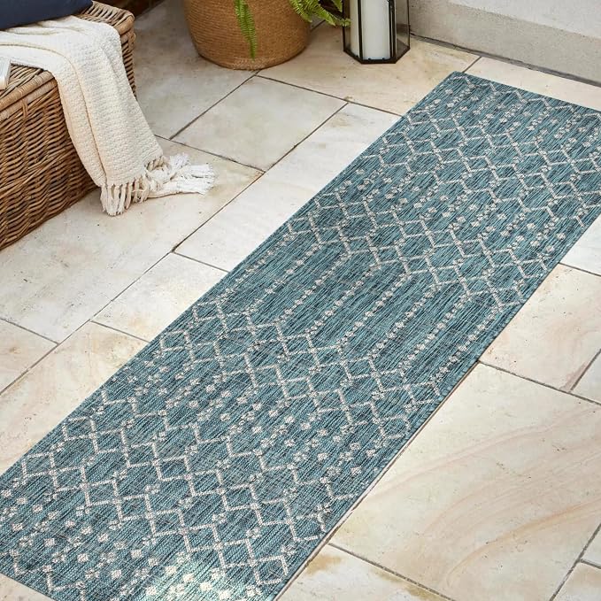 JONATHAN Y Moroccan Geometric Indoor Outdoor Runner Rug 2X8 Teal/Gray, Ourika - Image 3