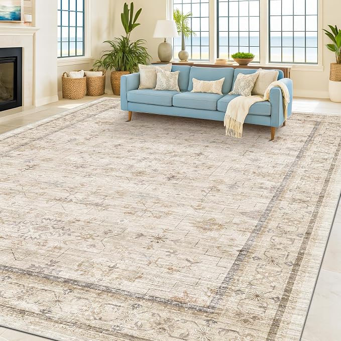 Hazo Haus Washable Ivory Beige Living Room Rug, 8x12 Non Slip Area Rugs by HazoHaus