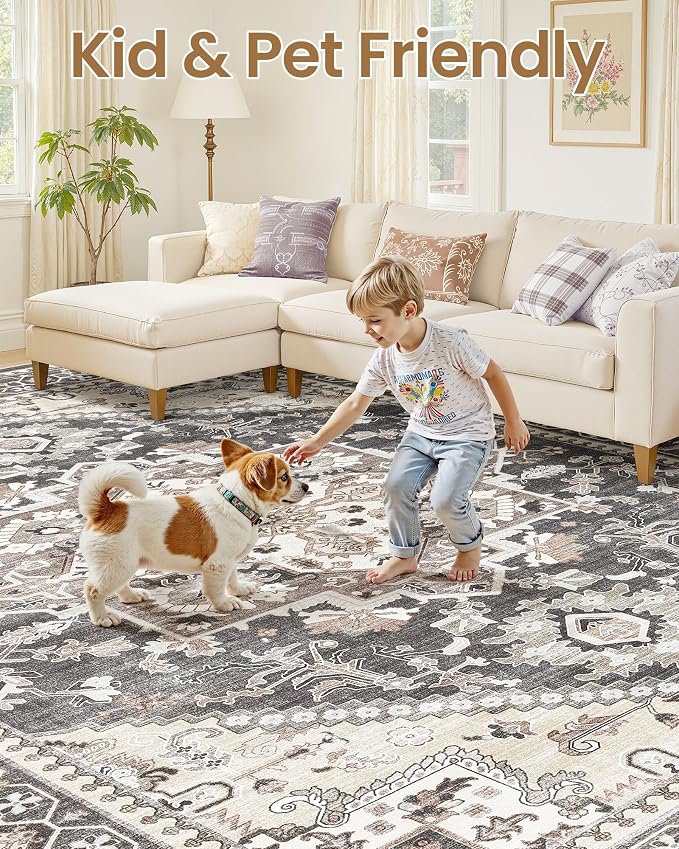 10x14 Vintage Area Rug: Washable Neutral Soft Non Slip Thin Large Floor Carpet - Image 7