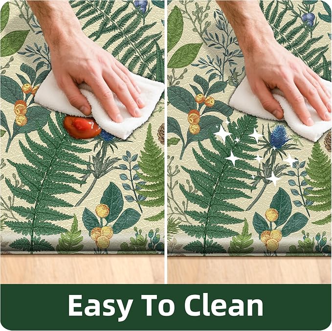 Beige Green Botanical Kitchen Rugs Set of 2 Plant Leaf Anti-Fatigue Kitchen Mat - Image 6