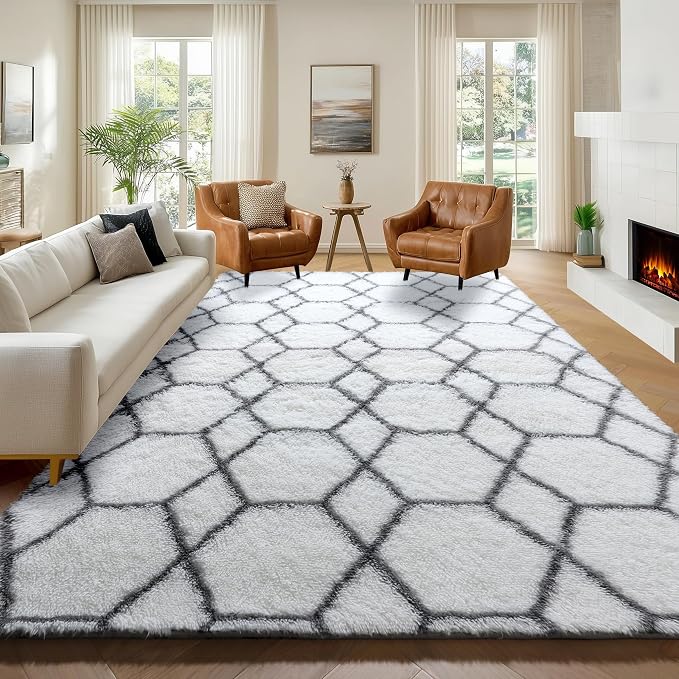 ONASAR 7x9 Area Rugs for Living Room Bedroom, Large Fluffy White and Grey Throw by ONASAR