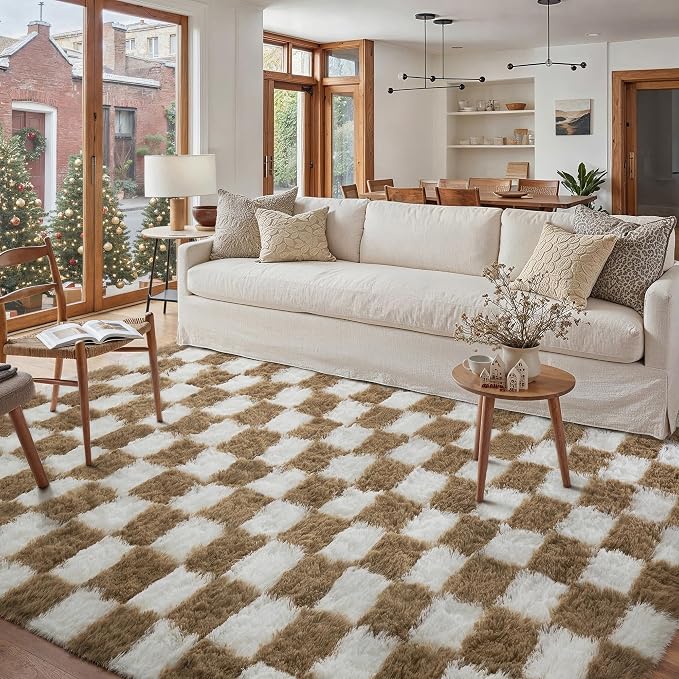 PureCozy 9x12 Area Rugs for Living Room Brown Soft Shag Checkered Large Rug - Image 5