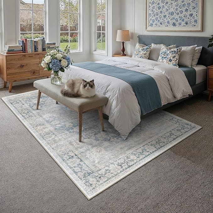 9x12 Neutral Area Rug Blue Vintage Living Room Bedroom Washable Carpet Non-Slip - Image 3