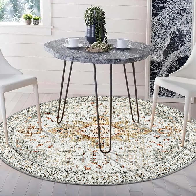 Moynesa Washable Round Rug 4ft, Vintage Medallion Area Rug Distressed Neutral - Image 7
