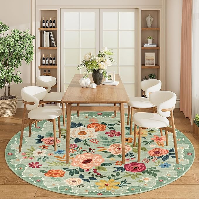 DUKINO Floral Round Rug, 6ft Washable Circle Rug, Non Slip Indoor Low Pile - Image 7