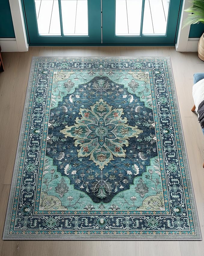 RELEANY Area Rugs 3'x4' Washable Non-Slip, Floral Vintage Distress Medallion by RELEANY