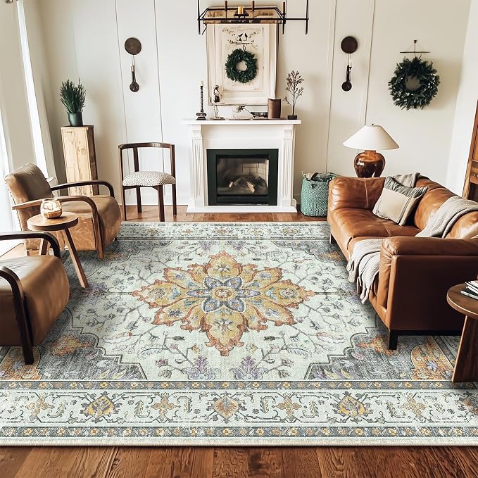 RELEANY Area Rugs 8'x10' Washable Non-Slip, Floral Vintage Distress Medallion - Image 2