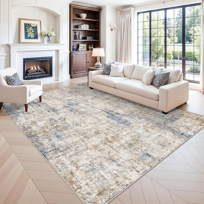 9x12 Washable Living Room Rug – Neutral Modern Abstract Large Area Rugs by ZHXXUJ