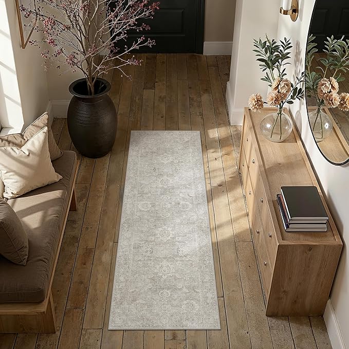 Neutral Kitchen Rug Set of 3 Washable Grey Floral Kitchen Mats - Image 3