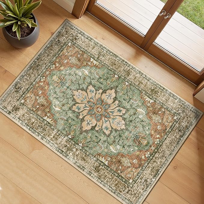 RELEANY Area Rugs Small 2'x3' Washable Non-Slip, Floral Vintage Distress by RELEANY