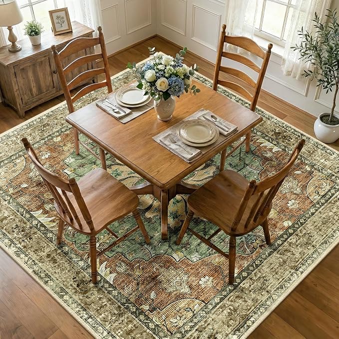 RELEANY Area Rugs Square 8ft Washable Non-Slip, Floral Vintage Distress by RELEANY