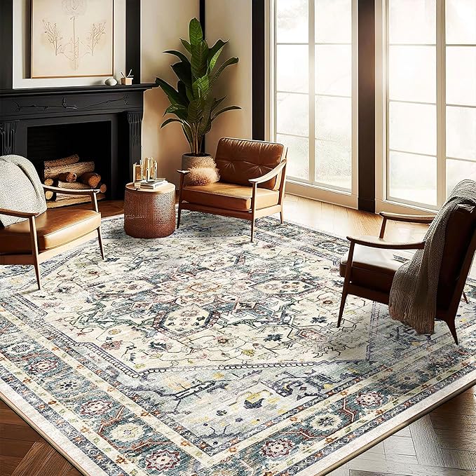 CHAMPLANT Washable Area Rug 8'x10' Cyan Khaki Retro Boho Design Non-Shedding by CHAMPLANT