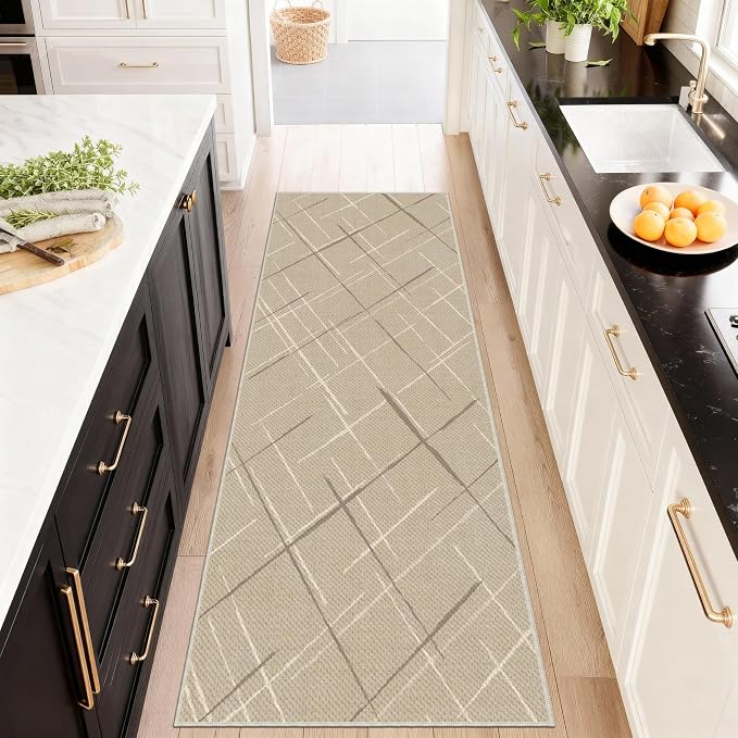 Beige 2x6 Runner Rug Non Slip, Modern Line Carpet Runners - Image 2