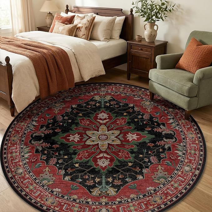 RELEANY Area Rugs Round 6ft Washable Non-Slip, Floral Vintage Distress - Image 3