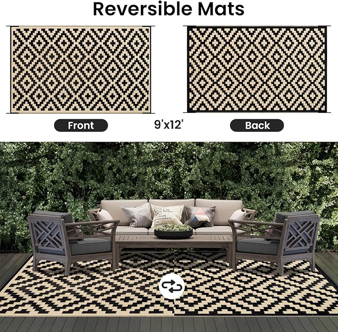 Smiry Waterproof Outdoor Rug 9x12 ft, Reversible Plastic Straw Patio Camping - Image 3